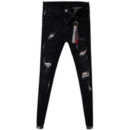 Wholesale Fashion Casual teenagers cowboy Slim-fit skinny fashion social spirit guy cat torn hole patch feet pencil jeans 201223