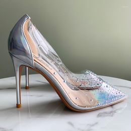 Dress Shoes 2022 Fashion Women Lady Silver Laser Patent Leather PVC Rhinestone Crystal Poined Toes High Heels Wedding
