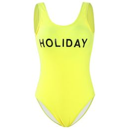 Korean sexy fashion women sleeveless neon yellow Colour letter print one piece backless padded swimwear bathing desinger swimsuit SMLXL
