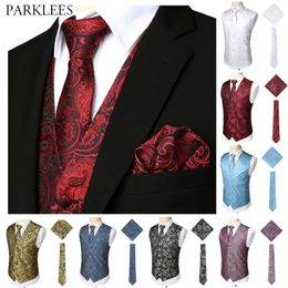 Luxury Wine Red 3pcs Paisley Waistcoat Vest Necktie Handkerchief Set Classic Jacquard Vest Men Formal Business Casual Vest 201106