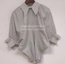 Women's Blouses & Shirts 2021SS Woman Striped Blouse Shirt Collar Puff Shoulder Zipper Back Half Length Sleeved Fashion Tops