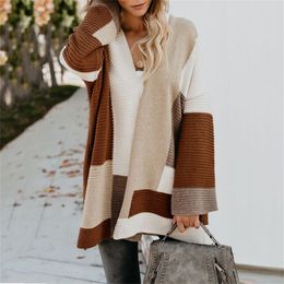 Unique Nature Women's Open Front Sweater Colour Block Long Sleeve Knitted Cardigan Winter Oversized Clothes Coat Outwear Jacket LJ200818