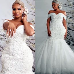 Plus Size Arabic Aso Ebi White Luxurious Lace Beaded Wedding Dress Tulle Crystals Bridal Gowns Dresses Zj606 407