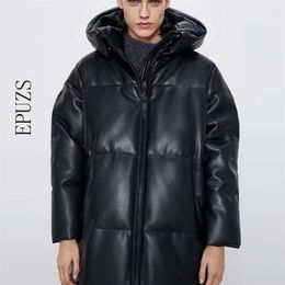 Winter coat Hooded Padded PU parka women Faux leather down jacket female loose zipper overcoat casual warm long coats 201210