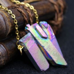 Irregular Raw Mineral Crystal Pillar Pendant Necklaces Rainbow Color Chakra Plated Rock Quartz Stone Necklace Women Reiki Charms