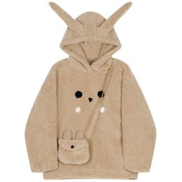 New design women's hooded cute sweet faux lamb fur loose plus velvet warm sweatshirt tops with small bag SML