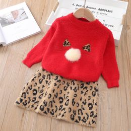 Girl's O-neck Long Sleeve Cartoon Cat Sweaters+Leopard Skirts 2PCS Clothing Sets Little Girls Fashion Dress