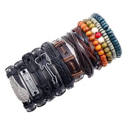 Combination style Hiphop Leather Bracelet alloy weaving cowhide Wax thread PU Wood Bead coconut husk wing bracelet Mix 12style/set