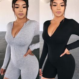 Sexy Women Long Sleeve Deep V-neck Playsuit Rompers Jumpsuit Front Zipper Bodycon Slim Causal Soft Homewear Shorts Jumpsuit T200527