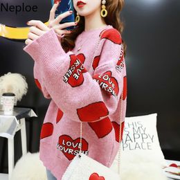 Neploe Women Oversized Sweater Pullovers O-neck Sweet Heart Letters Printed Pull Jumpers Long Sleeve Pink Street Knit Tops 54980 201030