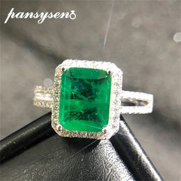 PANSYSEN Luxury Top Quality Emerald Rings for Women Wedding Engagement Cocktail Ring 100% 925 Sterling Silver Fine Jewelry Gift Y200620