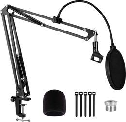 Microphone Arm Stand, Max Load 4.0 lb Adjustable Suspension Boom Scissor Arm Stand with 3/8" to 5/8" Adapter Pop Filter Mic Clip Holder