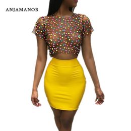 Women Sexy 2 Piece Set Polka Dot Mesh Tshirt Crop Top and Skirt Short Sets Two Piece Club Outfits Bodycon Dress D34-I76 T200702
