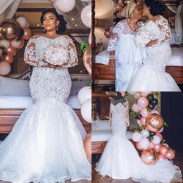 Africa Plus Size Wedding Dresses Long Sleeves Beaded Lace Appliques Mermaid Bridal Gowns Custom Made robes de mariée