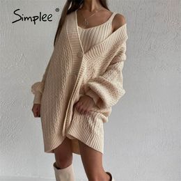 Sexy buttons v-neck long sleeves knitted mini dress set women crop tank top sweater coat suit Loose two pieces sets 220302