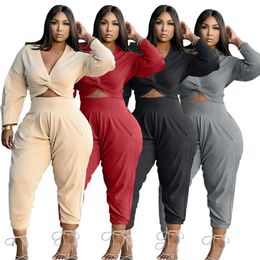 Plus size 3XL Women Fall winter Tracksuits Two 2 Piece Set Long Sleeve V Neck Sweatshirt Pants Matching Sets Casual Solid Outfits Wholesale sports suits 5723