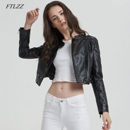 FTLZZ Women Faux Leather Jacket Spring Leather Clothing Women's Short Design Slim Pu Leather Coat Long Sleeve Black Jackets 201029