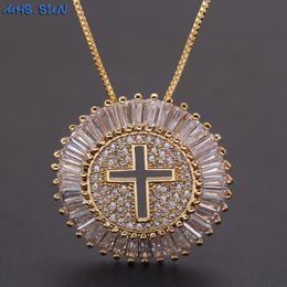 MHS.SUN Luxury Round CZ Zircon Necklace Catholic Cross Pendant Chain Necklace Collier Femme Gold Colour Jewellery Christmas Gift