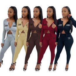 Women Sports Tracksuits Two Piece Set Solid Colour Sportwear New Rib Zipper Cardigan Pencil Pants Letter Embroidery Outfits 115