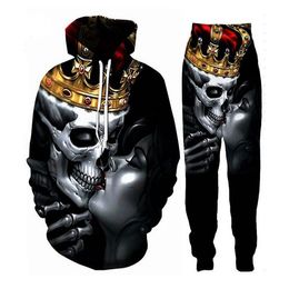 Wholesale--New Arrival Skull King and Queen 3D All Over Print Tracksuits hoodie/Sweatshirts+joggers pants Suit Women Men