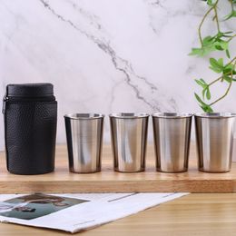 4Pcs/set Wine Cup Set 70ml/2oz 170ml/6oz Shot Glass Pack Whisky Tumbler Stainless Steel Liquor Cups Portable Mug Leather Bag Keychain