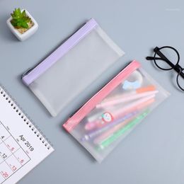 Pencil Bags 1pc Frosted Translucent Zipper Case Korean Stationery Creative Simple Large Capacity PU Cute Student Supplies1