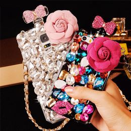 Luxury Perfume Bottle Diamond Lips Rose Flower Phone Case For iPhone 11 Pro Max Chain Handbag Perfume Bottle iPhone 12 Lanyard 8plus Case