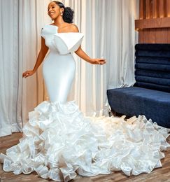 2022 Plus Size Arabic Aso Ebi Stylish Mermaid Sexy Wedding Dress One Shoulder Tiers Bridal Gowns Dresses ZJ445