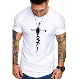 T Shirt for Mens Faith Letter Print Tshirt Summer Men Clothing Streetwear Solid Color Round Neck Short Sleeve T-shirts Tops Y220214