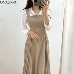 ONALIPPA Women Dresses Autumn Korean Temperament Style Lapel Tie Long-Sleeved Shirt High-Waist Side Pleated Suspender Dress 220302