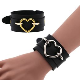 Silver Color Heart Wide Cuff Leather Bracelets Punk Gothic Rock Unisex Bangles Bracelet Wristband for Women Men's Jewelry