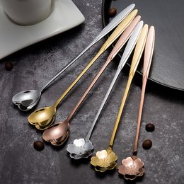 Flower Heart shape spoons Stainless steel Long handle Cocktail Stirring Spoons Ice Cream Coffee Spoon Home Bar Flatware tools drop ship