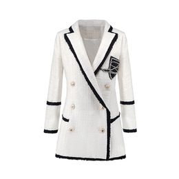 Plus Size XXXL Women High Street Long Jackets Runway Beading Double Breasted Solid Colour White Slim Chic Blazers High Quality 201023