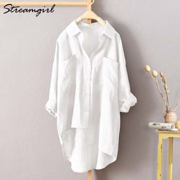 White Linen Shirt Women Long Sleeve Summer Work Wear Linen Blouse Female 5xl Women Blouses Plus Size Women's Shirts With Pocket 201029