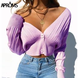 Aproms Candy Color V-neck Knitted Short Cardigans Women Autumn Purple Long Sleeve Buttons Knit Warm Sweater Winter Pull Top 201030