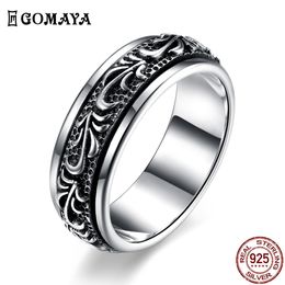 GOMAYA 925 Sterling Silver Rings Rotate Carving Flower Gothic Vintage Rock Punk Cocktail for Men and Women Wedding Fine Jewellery 201006