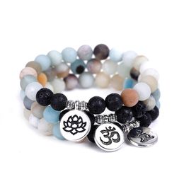 Frosted Amazon Stone Strand Bracelet Lava Stone Beads Bracelets Lotus OM Buddha Charms Yoga Strench Women Men Friendships Jewellery