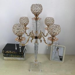 70CM 5 Arms Acrylic Candelabras Metal Candle Holders With Crystal Pendants Wedding Table Event Centrepiece