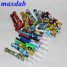 Smoking Watertransfer printing Silicone Nectar Pipe Mini Water Pipes with Quartz Nails Concentrate Dab Straw Bong oil Rig