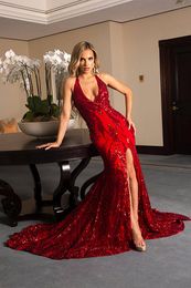 Sparkly Red Sequined Formal Evening Dresses Sexy Backless Front Slit Halter Mermaid Special Occasion Dresses Austria Woman Prom Party Gowns 2022