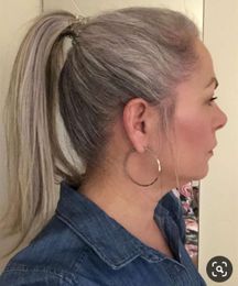 Grey human Ponytail Extension One Piece Tie Up Clip in Hair Extensions Hairpiece Binding Pony Tail for Girl Lady Woman SILVER Grey