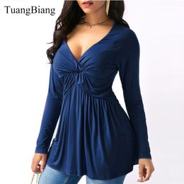 Women Autumn Draped Long Sleeve T Shirts Loose Sexy Camiseta Feminina Deep V Neck T Shirts Winter Plus Size Long Style Tops 201125