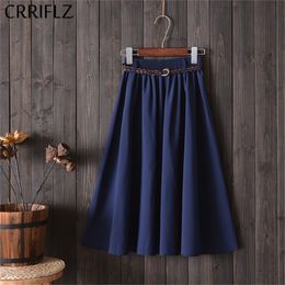 CRRIFLZ Midi Knee Length Summer Skirt Women With Belt 2020 Fashion Korean Ladies High Waist Pleated A-line School Skirt Female LJ200820