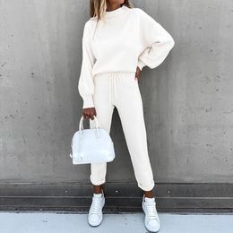 Women's Tracksuit 2 Piece Set Pullover Solid Lantern Sleeve Top & Drawstring Pockets Design Pants Sweatshirt And Sweatpants Set