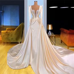 Arabic Aso Ebi Satin Mermaid Wedding Gowns With Long Sleeves Ruched Overskirts Long Court Train Bridal Dress Sparkly Sequins Beaded V Neck Vestidos De Novia AL9863
