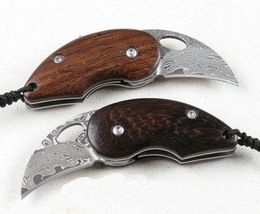 High Quality 3.85 Inch Damascus Pocket Folding Knife VG10 Damascuss Steel Blade Rosewood + Steel Sheet Handle Gift Knives With Leather Sheath