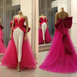 Elegant Satin Jumpsuit with Detachable train Big Bow Sash Prom Dresses Plus Size Custom Made Party Dress vestido de novia