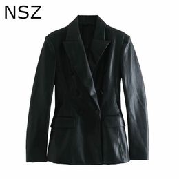 NSZ women black pu faux leather blazer double breasted suit jacket fall fashion slim elegant coat ladies outerwear 201030