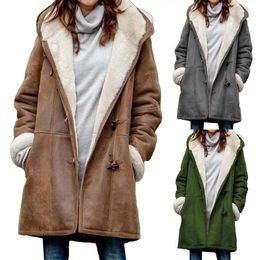 Plus Size 2019 Winter Parka Coat Women Hooded Jacket Solid Color Horn Buckles Fleece Lining Long Hooded Coat female Overcoat T200115