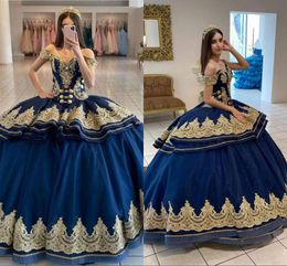 Vintage Navy Blue And Gold Quinceanera Dresses Ball Gown Off The Shoulder Embroidered Beaded Puffy Princess Prom Evening Gowns 2022